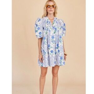 Hunter Bell Jenkins Cotton Floral Short Puff Sleeve V-Neck Trapeze Mini Dress